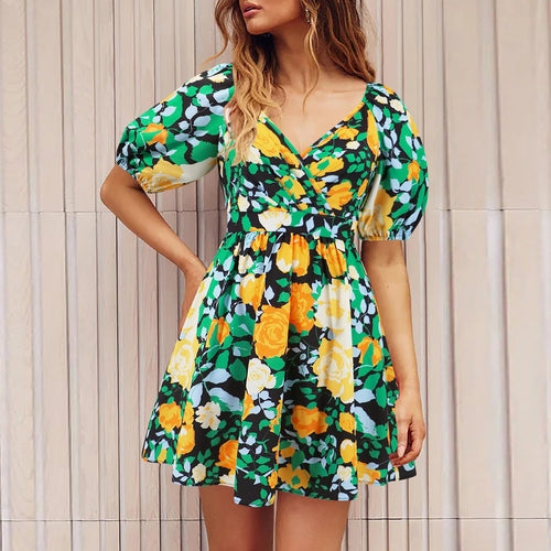 Flowers Print V-Neck Lantern-sleeve Dress Y2K Summer Vacation Beach