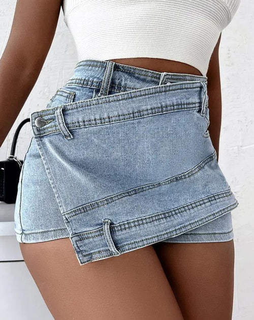 Y2K Street Vintage Denim Shorts Stretch Overlap Waist Wrap Solid
