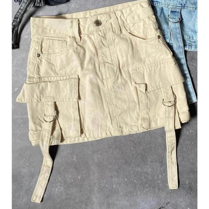 Multiple Pockets Denim Plaid Skirt Vintage Goth Black Y2k