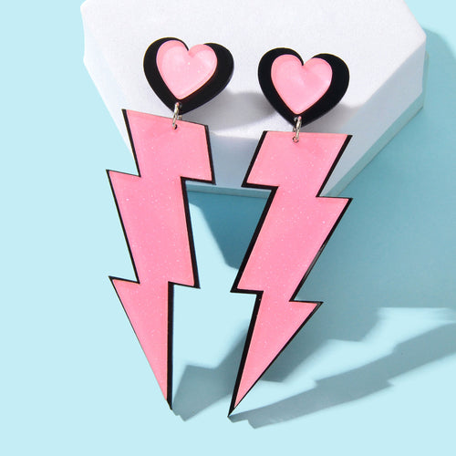 Y2K Sweet Pink Acrylic Heart Lightning Long Pendant Dangle Earrings