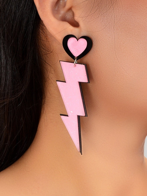 Y2K Sweet Pink Acrylic Heart Lightning Long Pendant Dangle Earrings