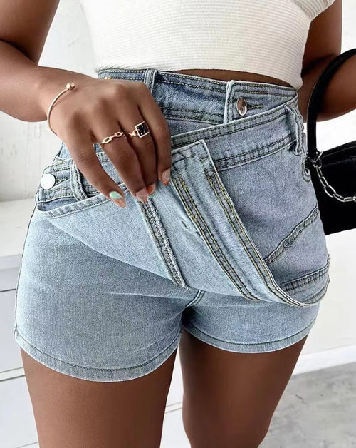 Y2K Street Vintage Denim Shorts Stretch Overlap Waist Wrap Solid