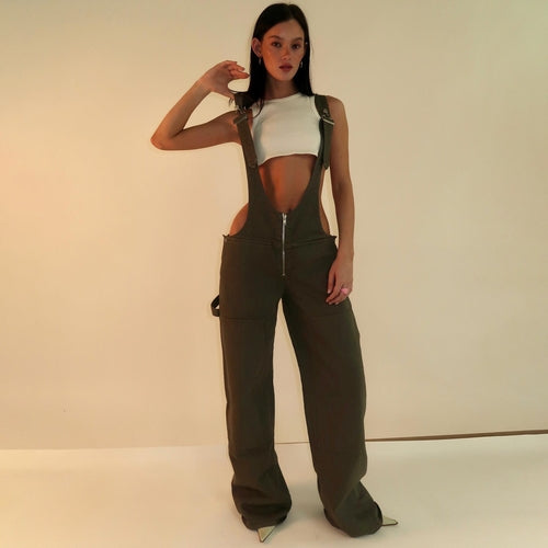 Y2K Zipper Denim Overalls With Pockets Fashion Loose Suspender