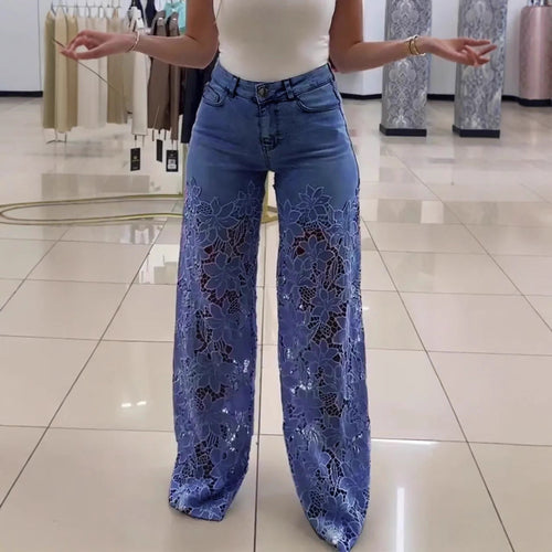 Y2K Lace Flowers Hollow Jeans Fashion High Waist Straight Wide Leg