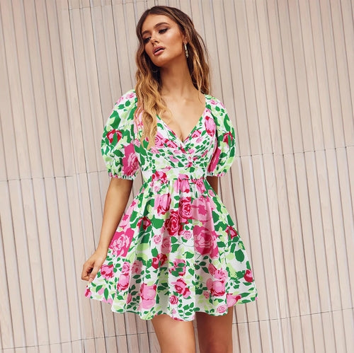 Flowers Print V-Neck Lantern-sleeve Dress Y2K Summer Vacation Beach