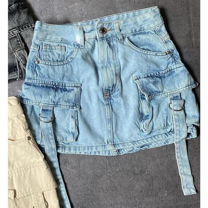 Multiple Pockets Denim Plaid Skirt Vintage Goth Black Y2k