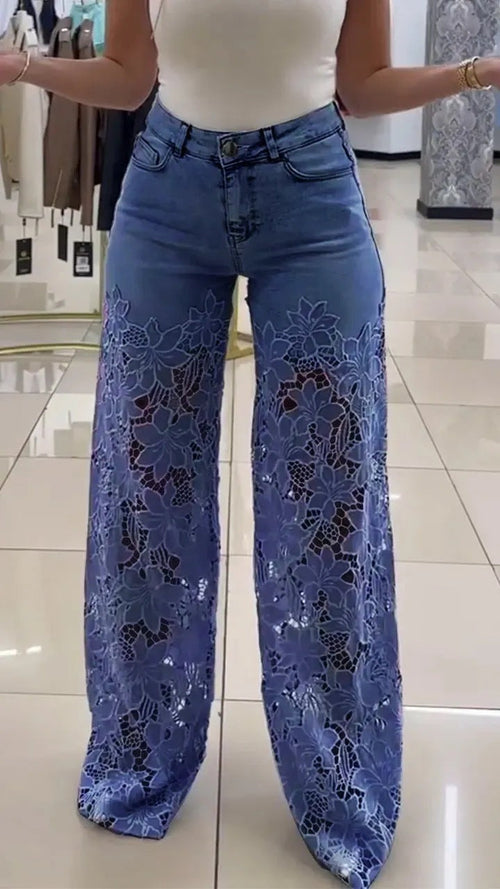 Y2K Lace Flowers Hollow Jeans Fashion High Waist Straight Wide Leg