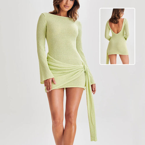 Fashion Slim Long-sleeved Dress Y2K Sexy Hip-hugging V-shaped Backless