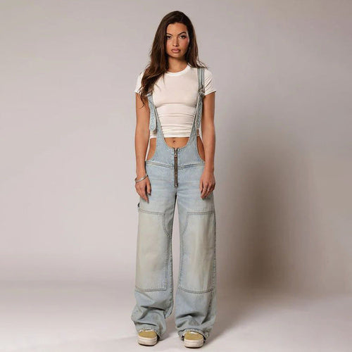 Y2K Zipper Denim Overalls With Pockets Fashion Loose Suspender