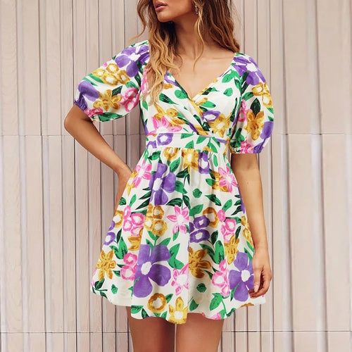 Flowers Print V-Neck Lantern-sleeve Dress Y2K Summer Vacation Beach