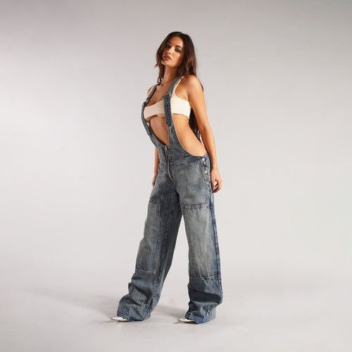 Y2K Zipper Denim Overalls With Pockets Fashion Loose Suspender