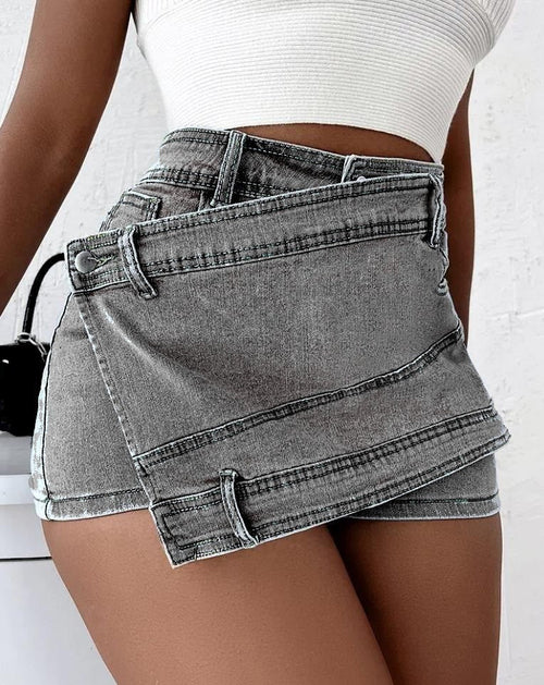Y2K Street Vintage Denim Shorts Stretch Overlap Waist Wrap Solid
