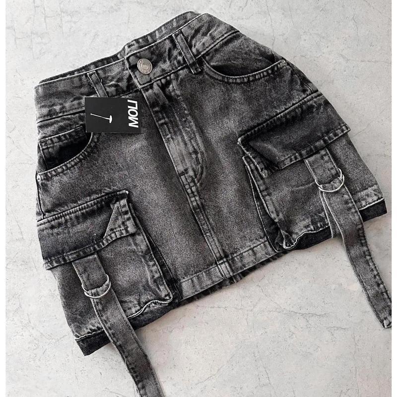 Multiple Pockets Denim Plaid Skirt Vintage Goth Black Y2k