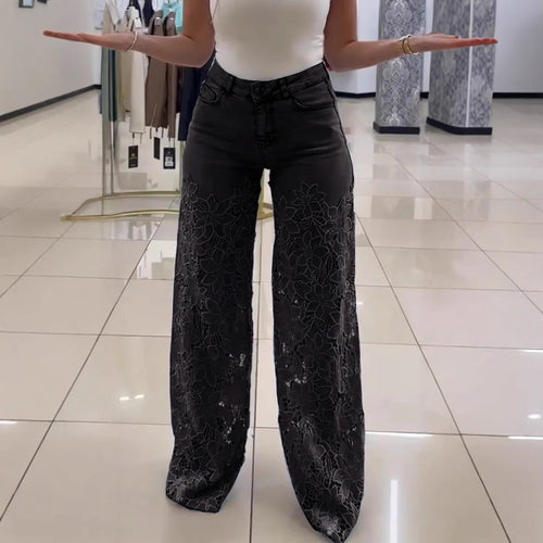 Y2K Lace Flowers Hollow Jeans Fashion High Waist Straight Wide Leg