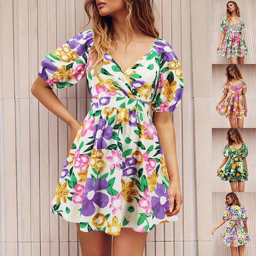 Flowers Print V-Neck Lantern-sleeve Dress Y2K Summer Vacation Beach