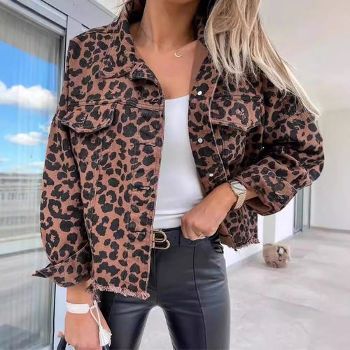 Women's Leopard Print Jacket With Pocket Y2K Fashion Lapel