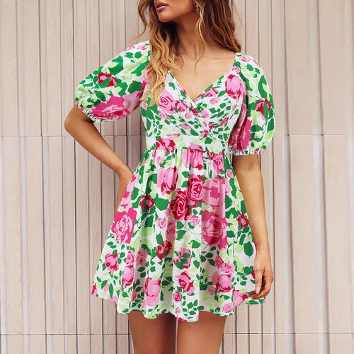 Flowers Print V-Neck Lantern-sleeve Dress Y2K Summer Vacation Beach