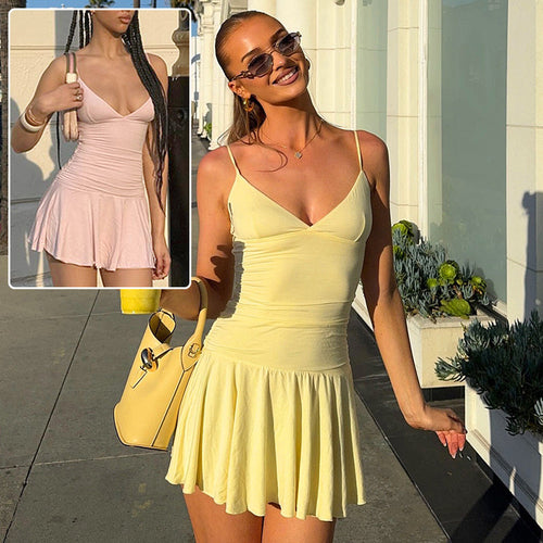 Sexy V-neck Suspender Dress Y2K Fashion Slim Ruffled Short Dresses For