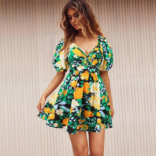Flowers Print V-Neck Lantern-sleeve Dress Y2K Summer Vacation Beach